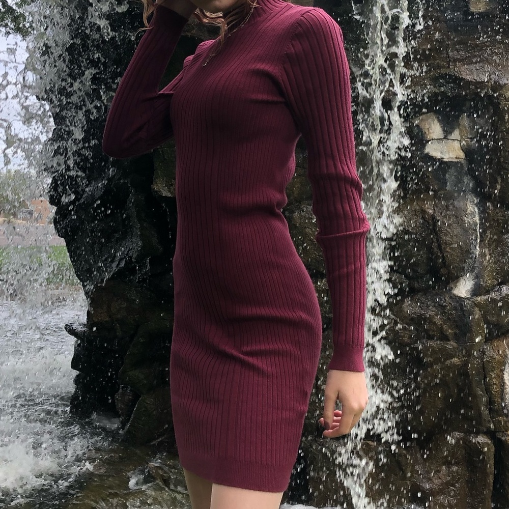 long, tight, burgundy turtleneck dress